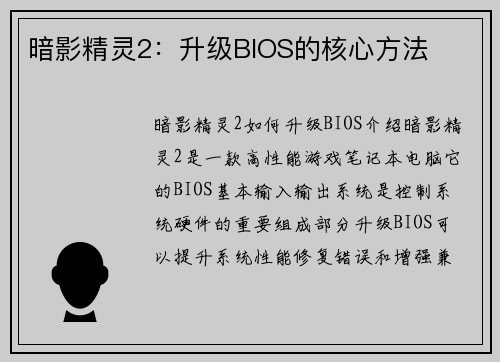 暗影精灵2：升级BIOS的核心方法